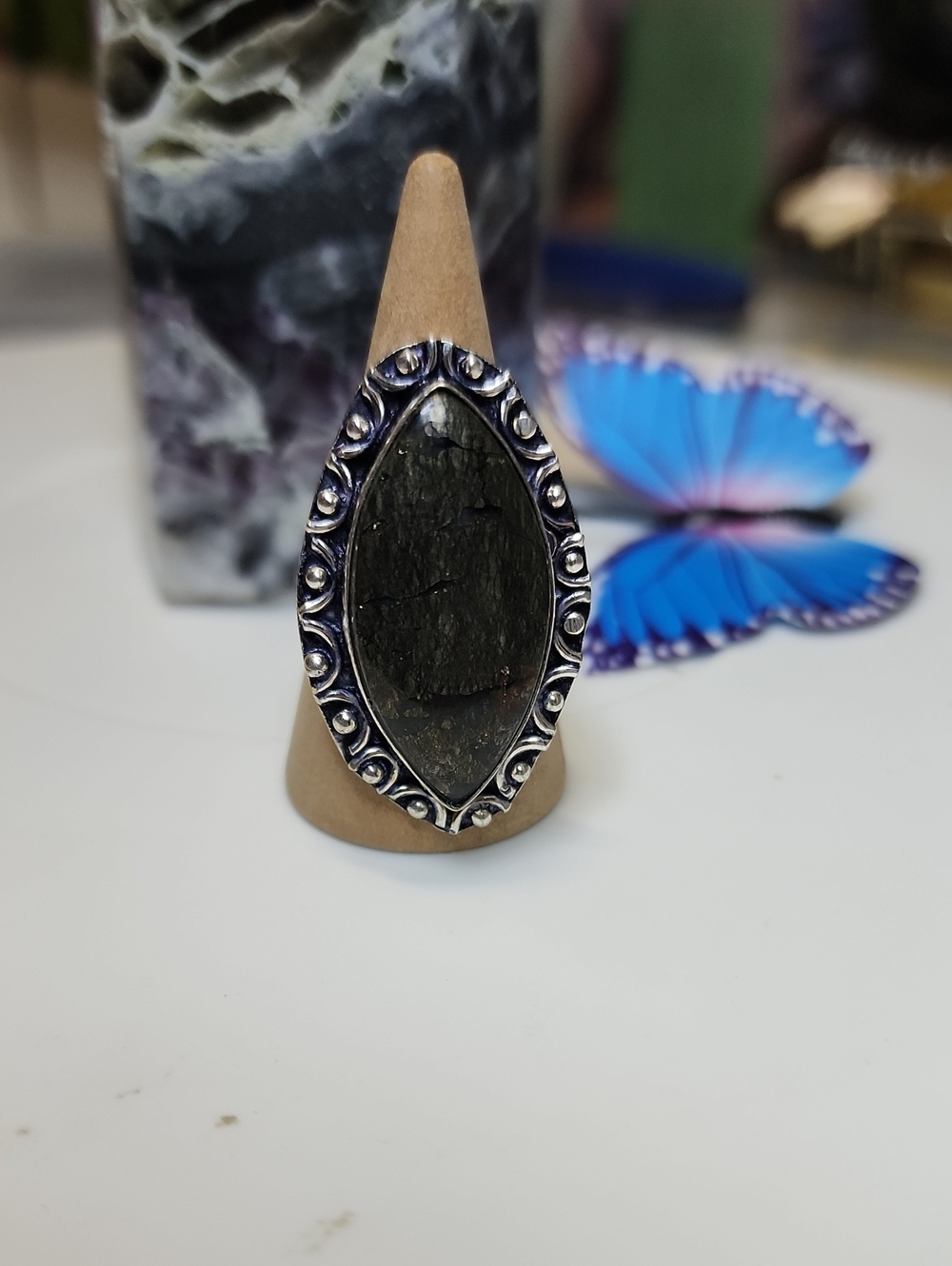 Marquise Black Marcasite Stone Statement Ring - Women Jewelry